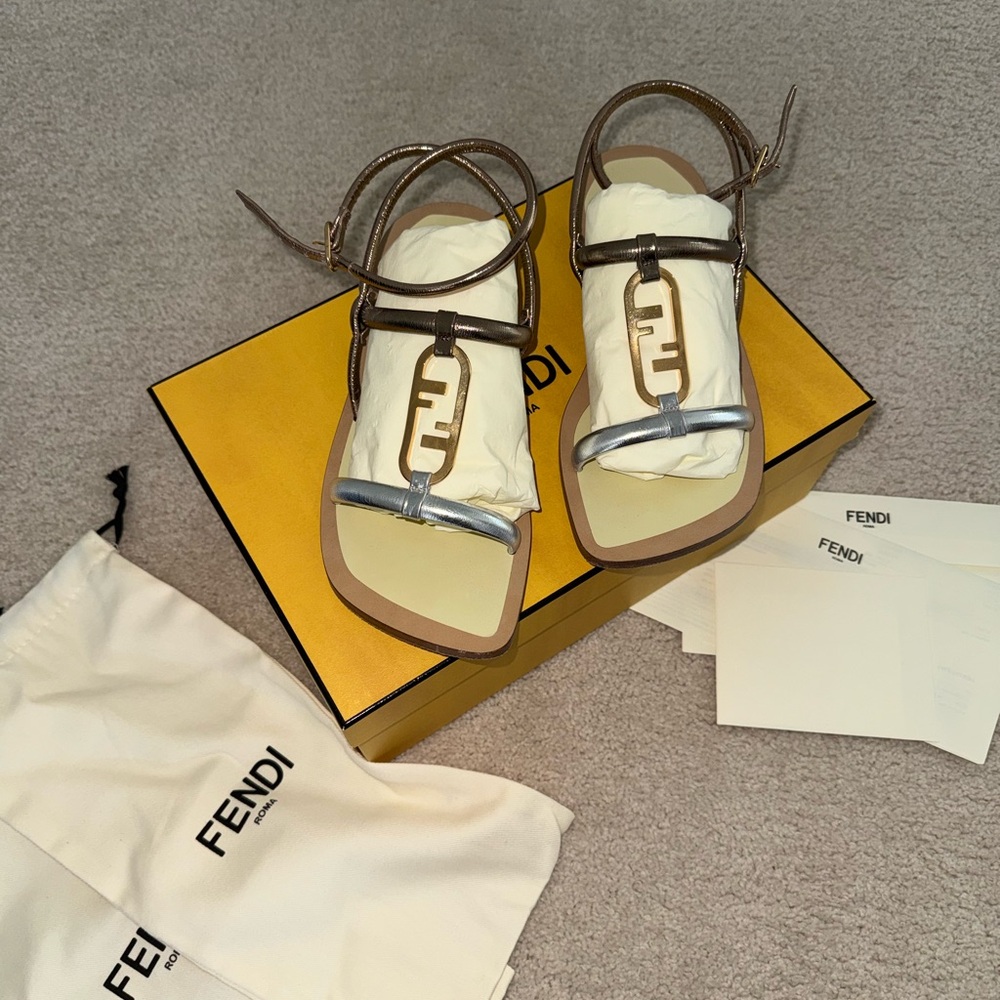 Fendi Bronze, Gold and Silver Metallic Leather Logo T-Strap Sandals
